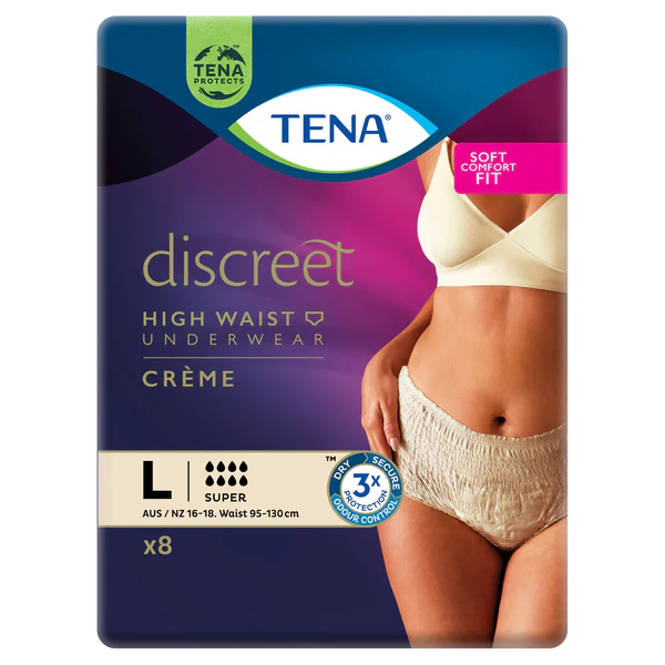 TENADiscreetWomen_sHighWaistUnderwearCremeLarge_L_8Pack-1_600x600 Tena Discreet Super Pant Large Cream 95-130cm 707ml Cream - Image 1